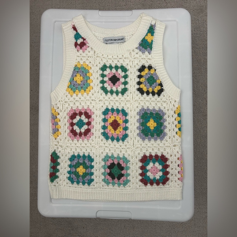 NWOT COTTON EMPORIUM Crochet Stitch Vest In Ivory